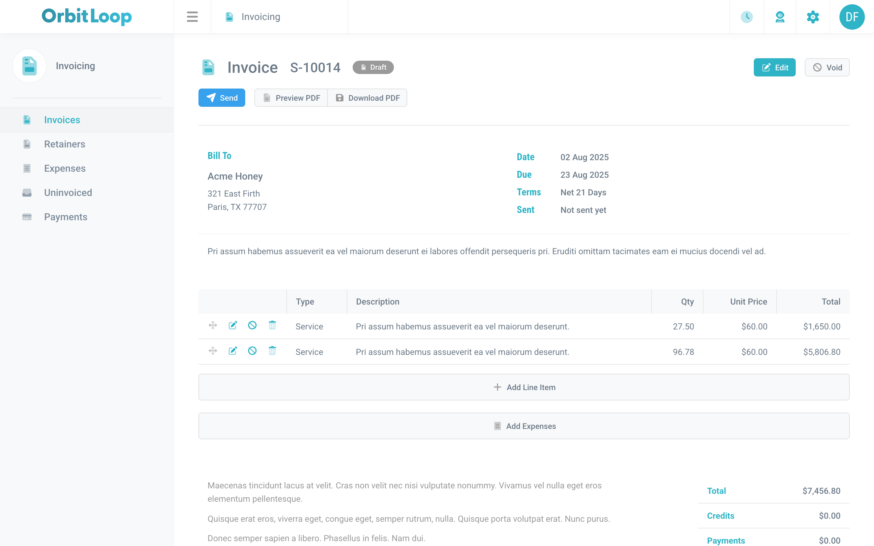 An OrbitLoop invoice (S-10014) for Acme Honey with line items and PDF actions