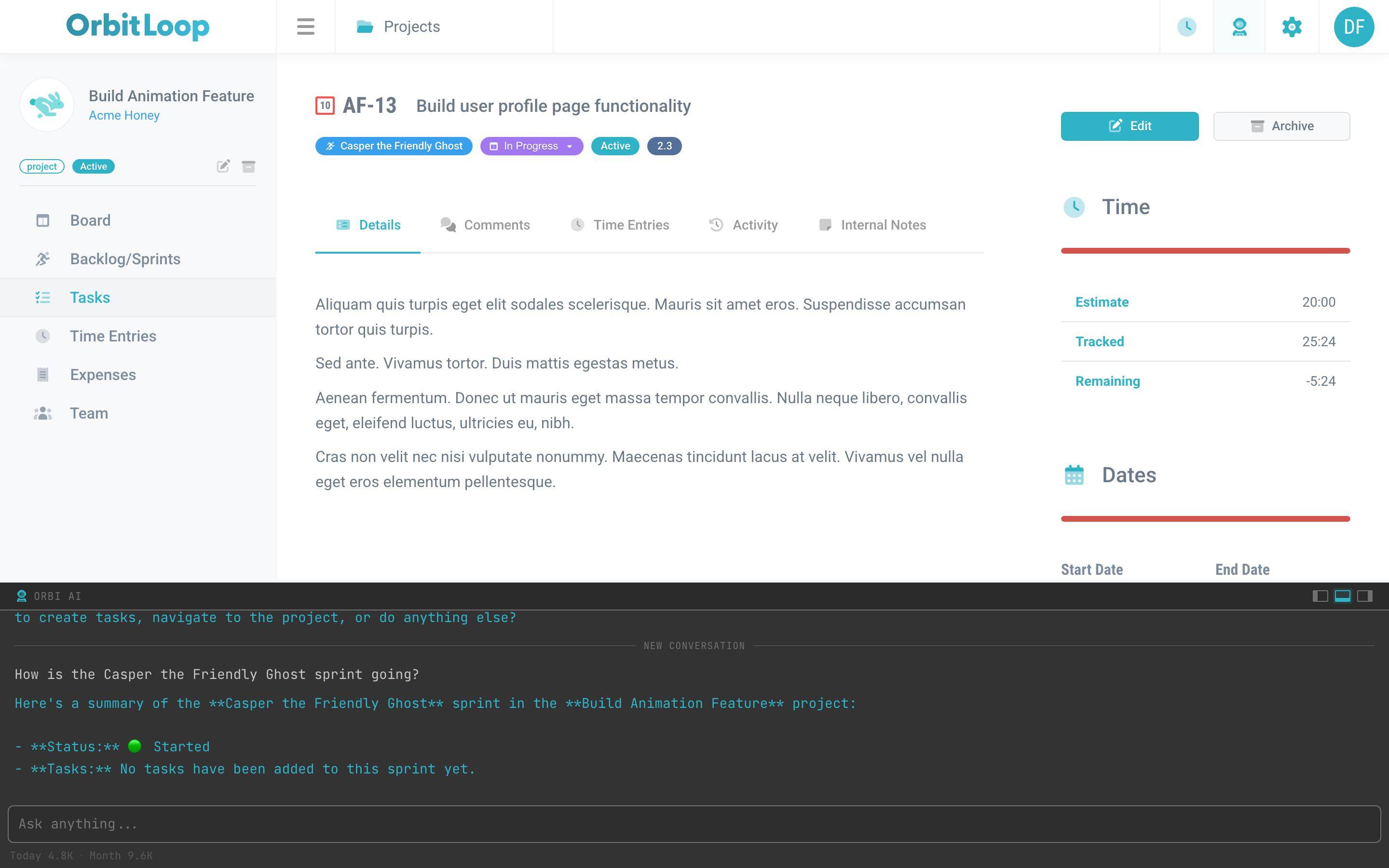 An OrbitLoop task showing tracked time, estimate, and time entries for Acme Honey